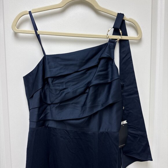 New Adrianna Papell Women’s Size 4 Navy Blue Satin One-Shoulder Gown Dress Maxi - Picture 7 of 14